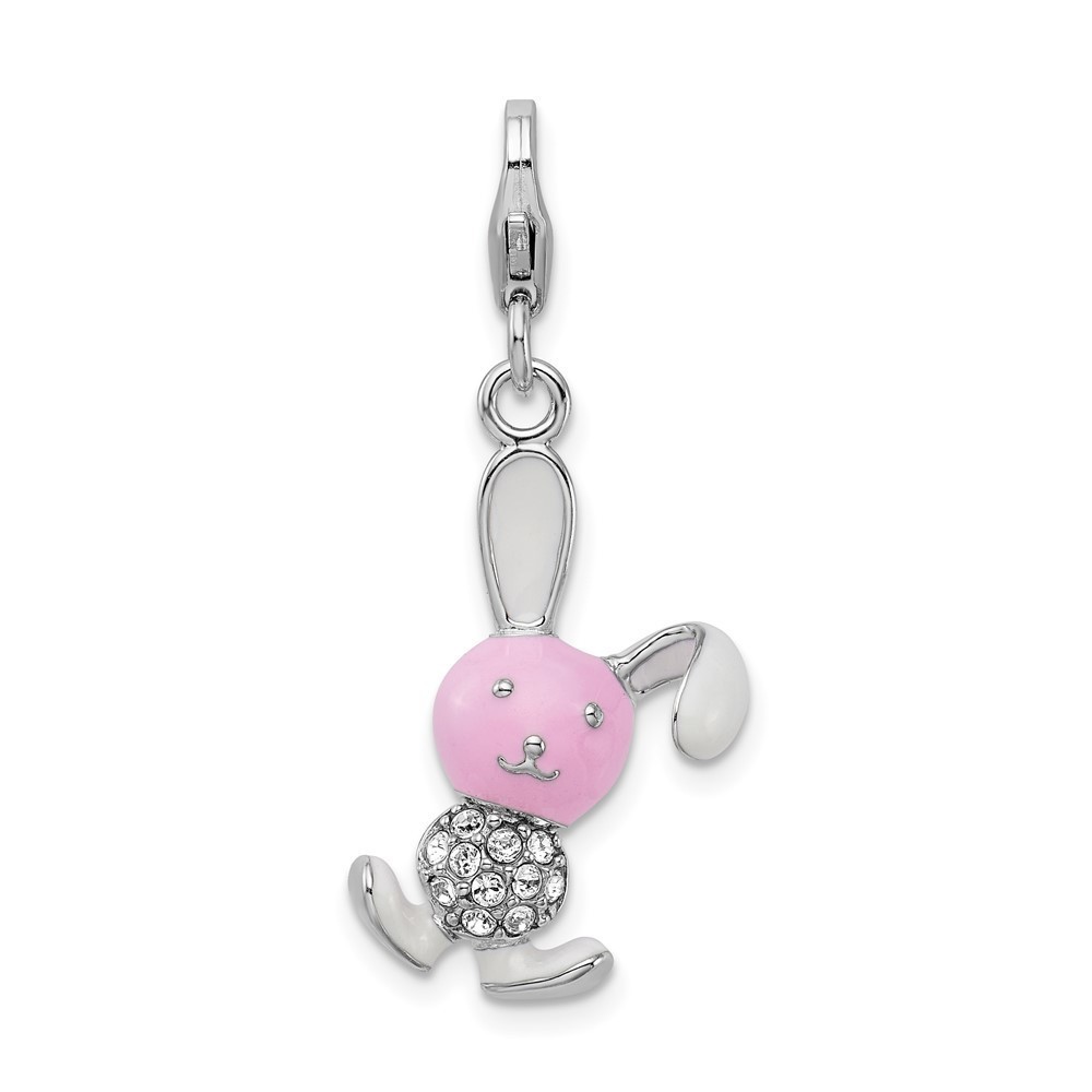 925 Sterling Silver Polished 3-D Enameled Bunny Bracelet Charm Lobster Clasp